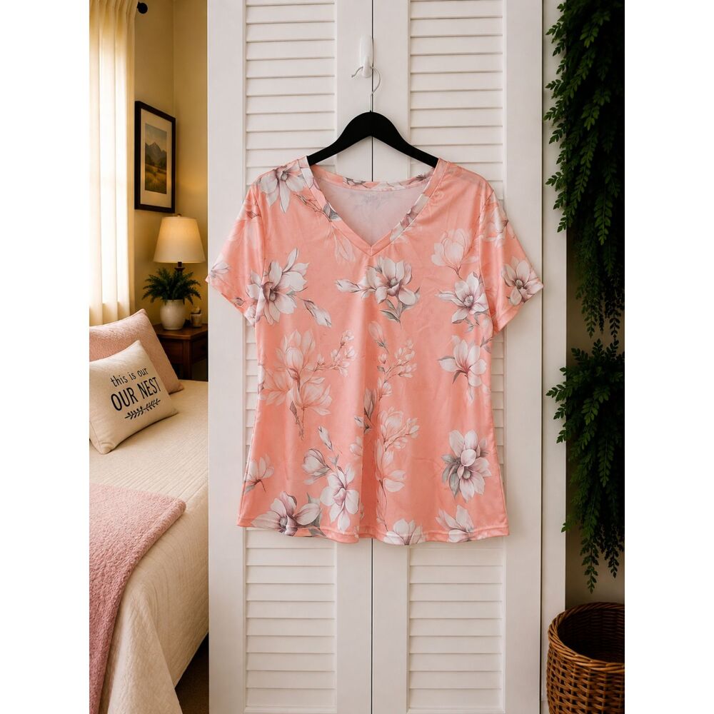 Womens Peach Floral V Neck Short Sleeve Flowy Top Size XL NWOT